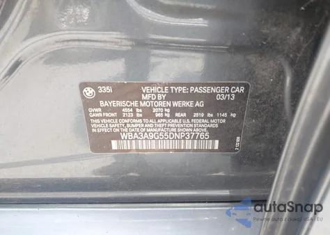 2013 BMW 335I from USA, damaged, VIN WBA3A9G55DNP37765